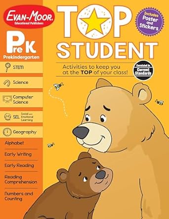 evan moor top student prek workbook 352 pages stickers poster handwriting reading writing spelling vocabulary