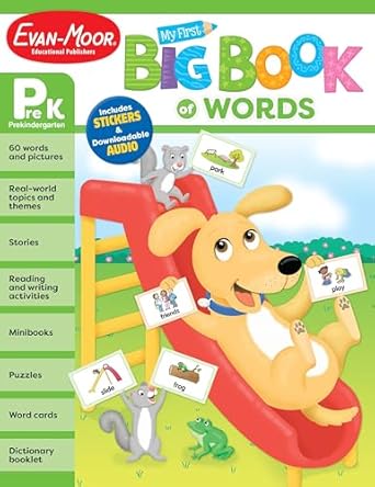 evan moor my first big book of words grade prek workbook stickers audio read alouds word cards vocabulary