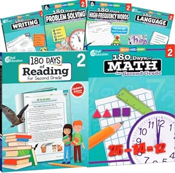 180 days includes 6 assorted second grade workbooks to practice math reading and sight word skills for 2nd