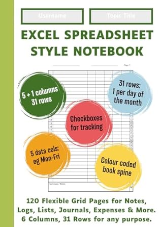 excel spreadsheet style notebook light green spine 120 flexible grid pages with 6 columns and 31 rows for