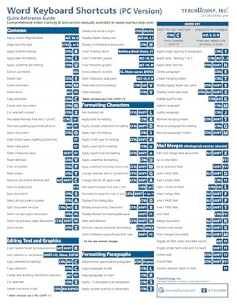 microsoft word keyboard shortcuts quick reference training tutorial guide cheat sheet laminated 1st edition
