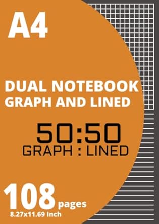 a4 dual notebook half graph and half lined pages 108 pages 4x4 squares per inch grid and narrow ruled on same
