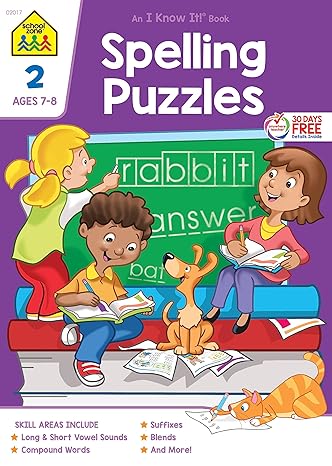 school zone spelling puzzles workbook 32 pages ages 6 to 8 2nd grade plurals blends vowels consonants
