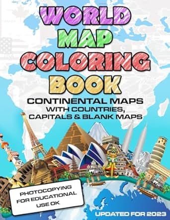 world map coloring book maps of the world continents featuring country border capitals population figures and