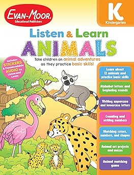 evan moor listen and learn animals grade k kindergarten activity workbook includes stickers and audio read