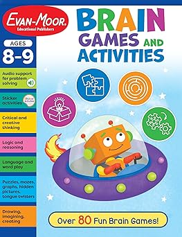 evan moor brain games and activities for kids ages 8 9 workbook hidden pictures mazes sticker activities