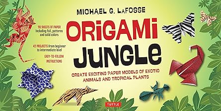 origami jungle kit create exciting paper models of exotic animals and tropical plants kit with 2 origami
