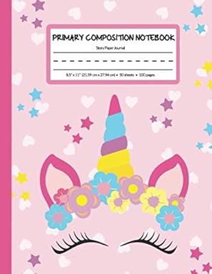 primary composition notebook story paper journal adorable pink flower unicorn head dashed midline and picture