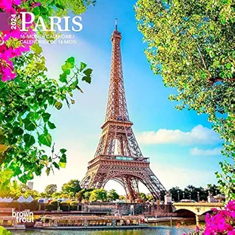 paris 2024 7 x 14 inch monthly mini wall calendar english/french bilingual browntrout scenic travel europe
