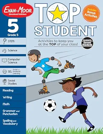 evan moor top student grade 5 full color workbook stickers stem reading writing science sel social studies