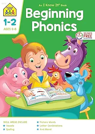 school zone beginning phonics workbook 32 pages ages 6 to 8 1st grade 2nd grade vowels spelling letter