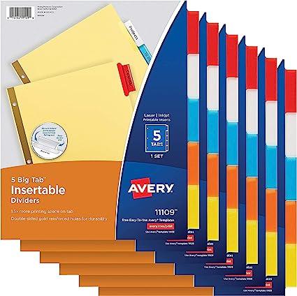 avery 5 tab binder dividers insertable multicolor  avery b01fkmcnl6
