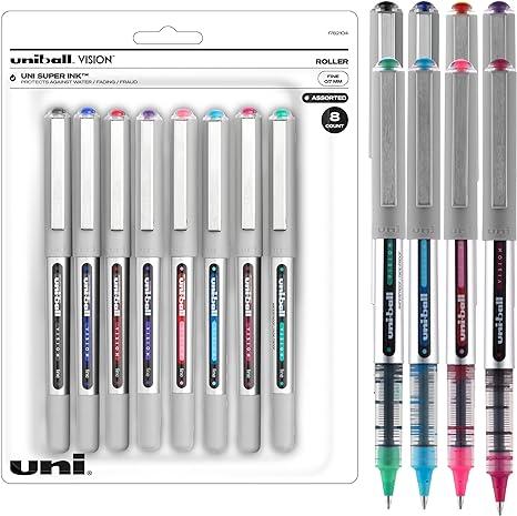 uniball vision rollerball pens assorted pens pack of 8 fine point pens with 0.7mm  uniball b00dt81ozk