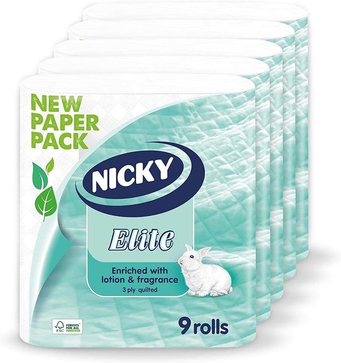 nicky elite 3 ply quilted toilet tissue 9 per pack case of 5  nicky b00odshjhc