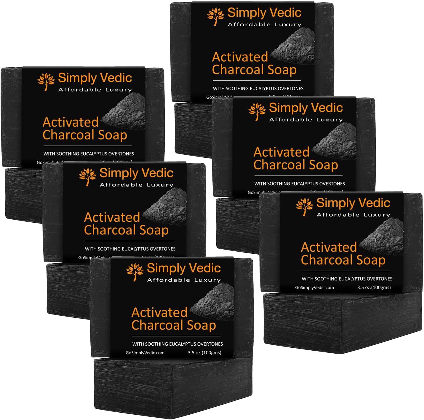 Simply Vedic 6-Pack Activated Charcoal With Eucalyptus Essential Oil Soap Bar 3.5 Oz. X 6