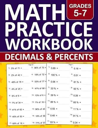 decimals and percents math workbook for grades 5 7 1st edition emma. school b09tn499gf, 979-8427420587