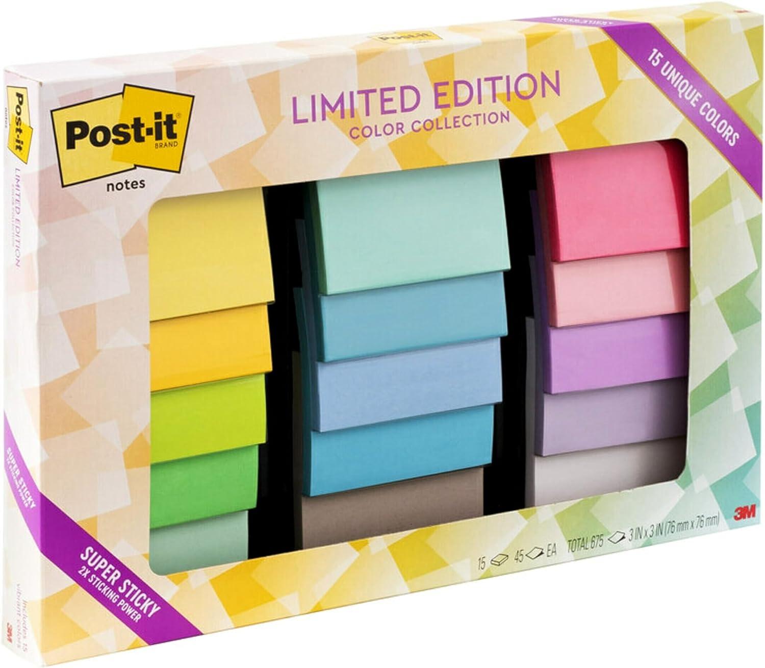 post-it super sticky notes limited edition color collection 3x3 in 15 pads/pack 45 sheets/pad  post-it