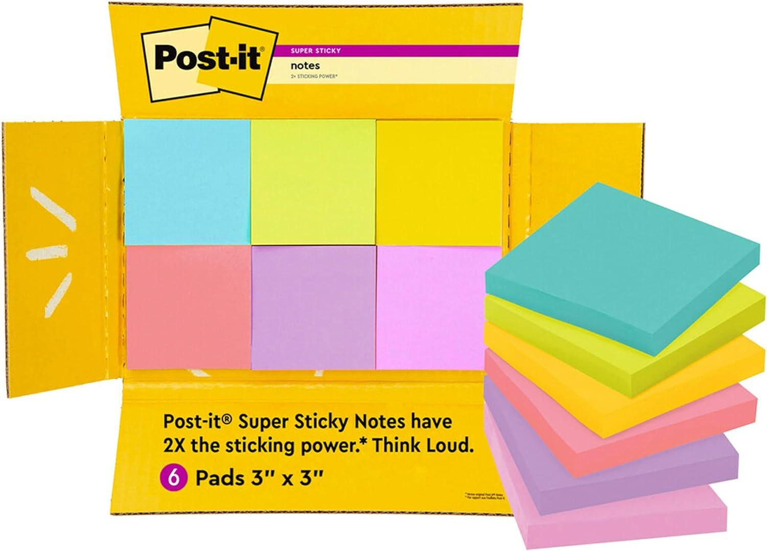 post-it super sticky notes 3x3 in 6 pads/pack 90 sheets/pad assorted bright colors aqua splash  post-it