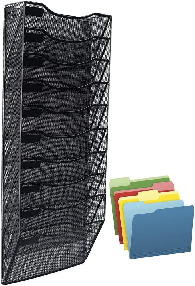 cancofam wall mounted file organizer - vertical 10 tier section metal mesh design holder  cancofam b09rgdq2zc