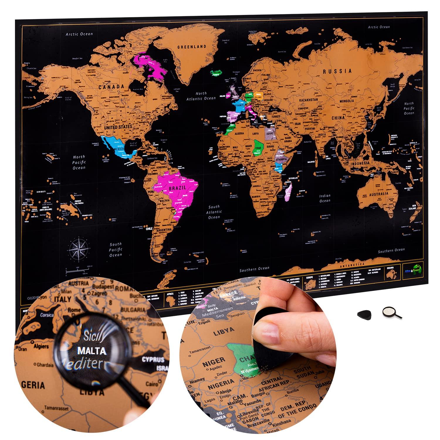 atlas and green scratch off world map with all u s states large 28 x 17 inch map of the world poster plus