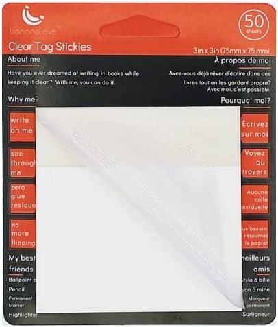 banana ave clear tag stickies 100 sheets office books 3 x 3 inch 2 pads clear 3 x 3 100 sheets  banana ave