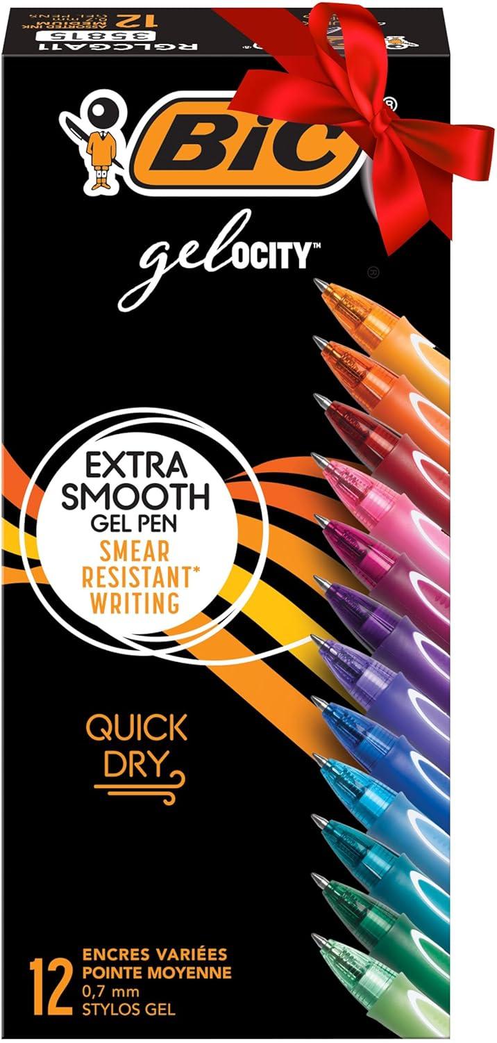 bic gel-ocity quick dry assorted colors gel pens rglcga11-ast medium point 0 7mm 12-count pack  bic b0744d6p4v