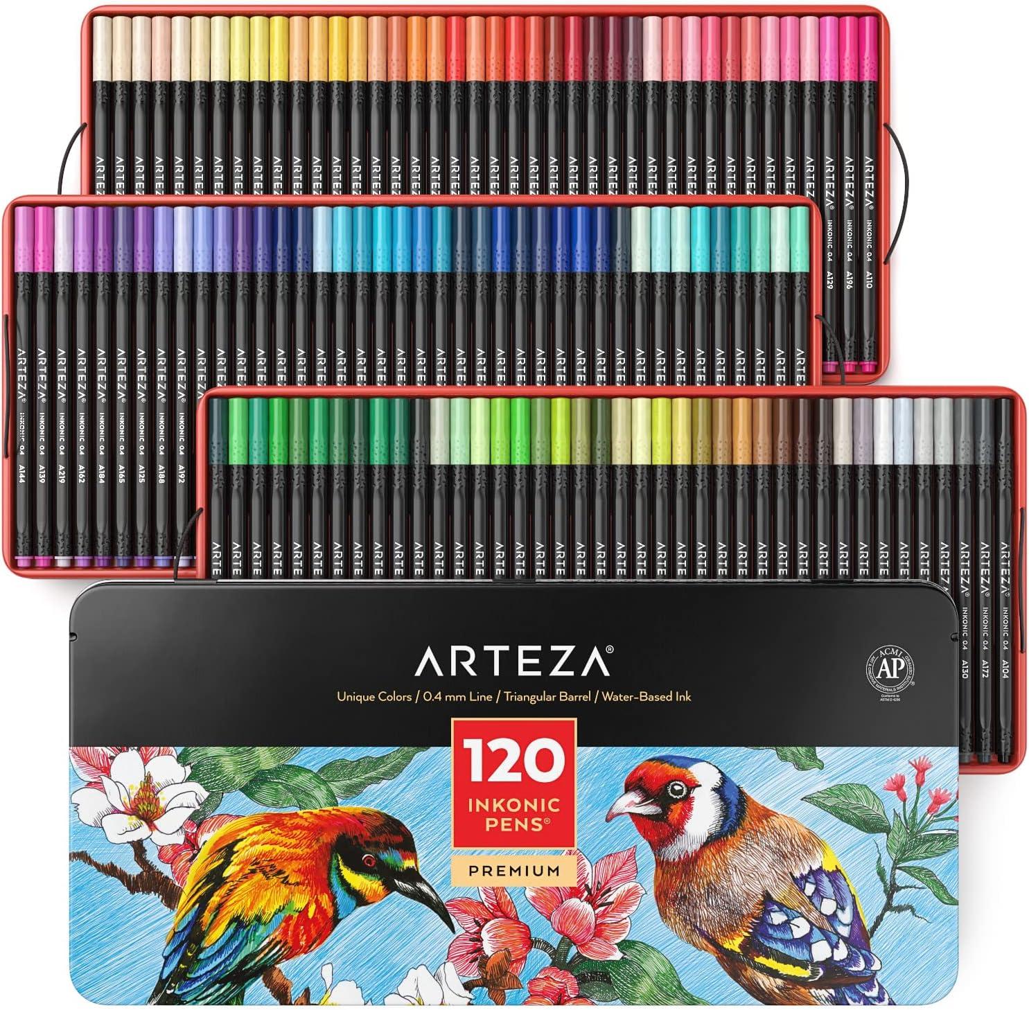 arteza inkonic fineliners set of 120 0 4 mm tips fine point markers assorted art pens water-based fine tip