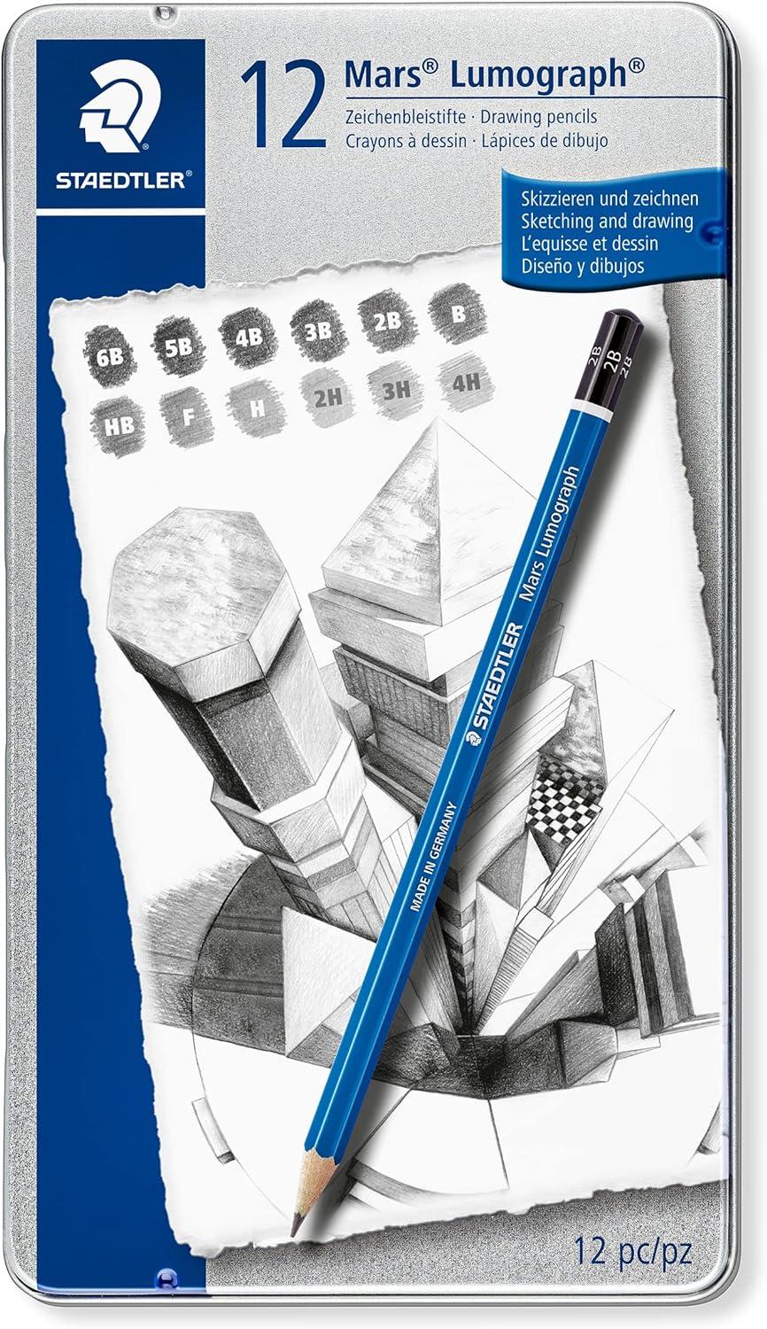 ?staedtler mars lumograph art drawing pencils 12 pack graphite pencils in metal case break-resistant bonded