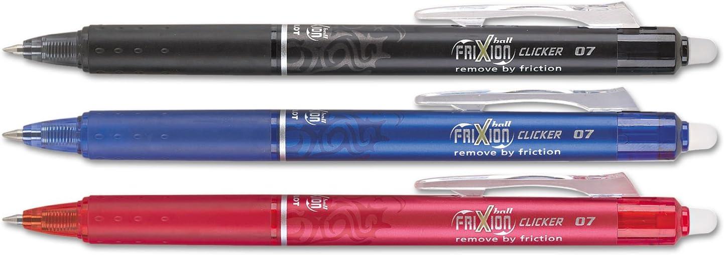 pilot frixion clicker erasable refillable and retractable gel ink pens fine point black/blue/red inks 3-pack