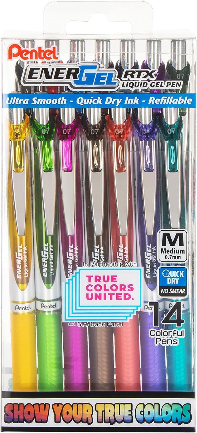 pentel energel rtx true colors united 0 7mm medium line assorted ink 14 pack box  pentel b09xwns8nd