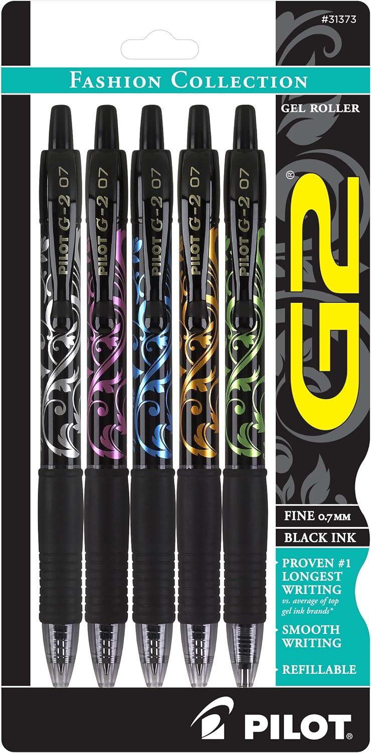 pilot g2 premium gel roller pens fine point 0 7 mm fashion collection black 5 count pack of 1  pilot