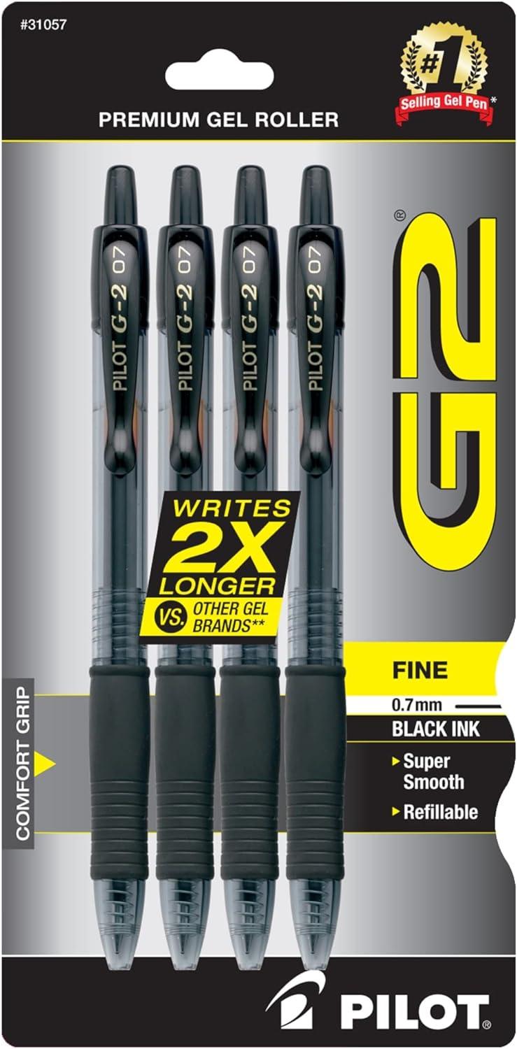 pilot g2 premium gel roller pens fine point 0 7 mm black pack of 4  pilot b0030f32l6
