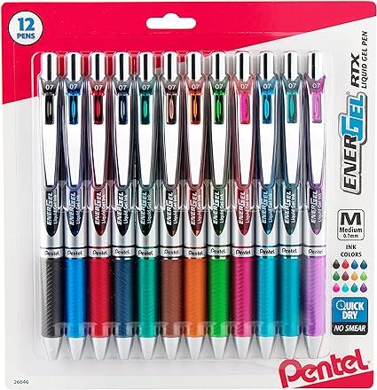 pentel energel rtx retractable liquid gel pens medium point 0 7 mm assorted colors pack of 12 pens  pentel