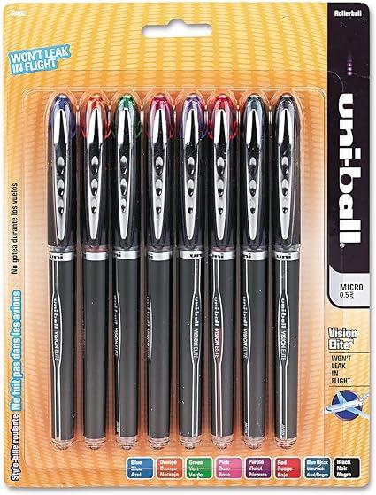 uniball vision elite rollerball pens assorted pens pack of 8 micro pens with 0 5mm ink  uniball b001e6c9as