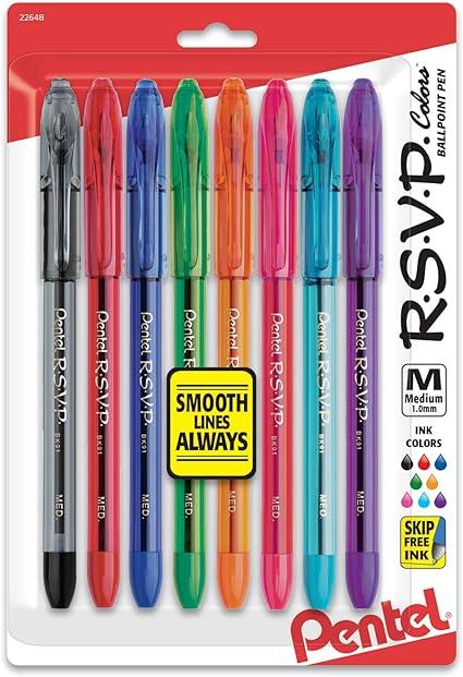 pentel  r s v p ballpoint pens medium point 1 0 mm clear barrel assorted ink colors pack of 8  pentel