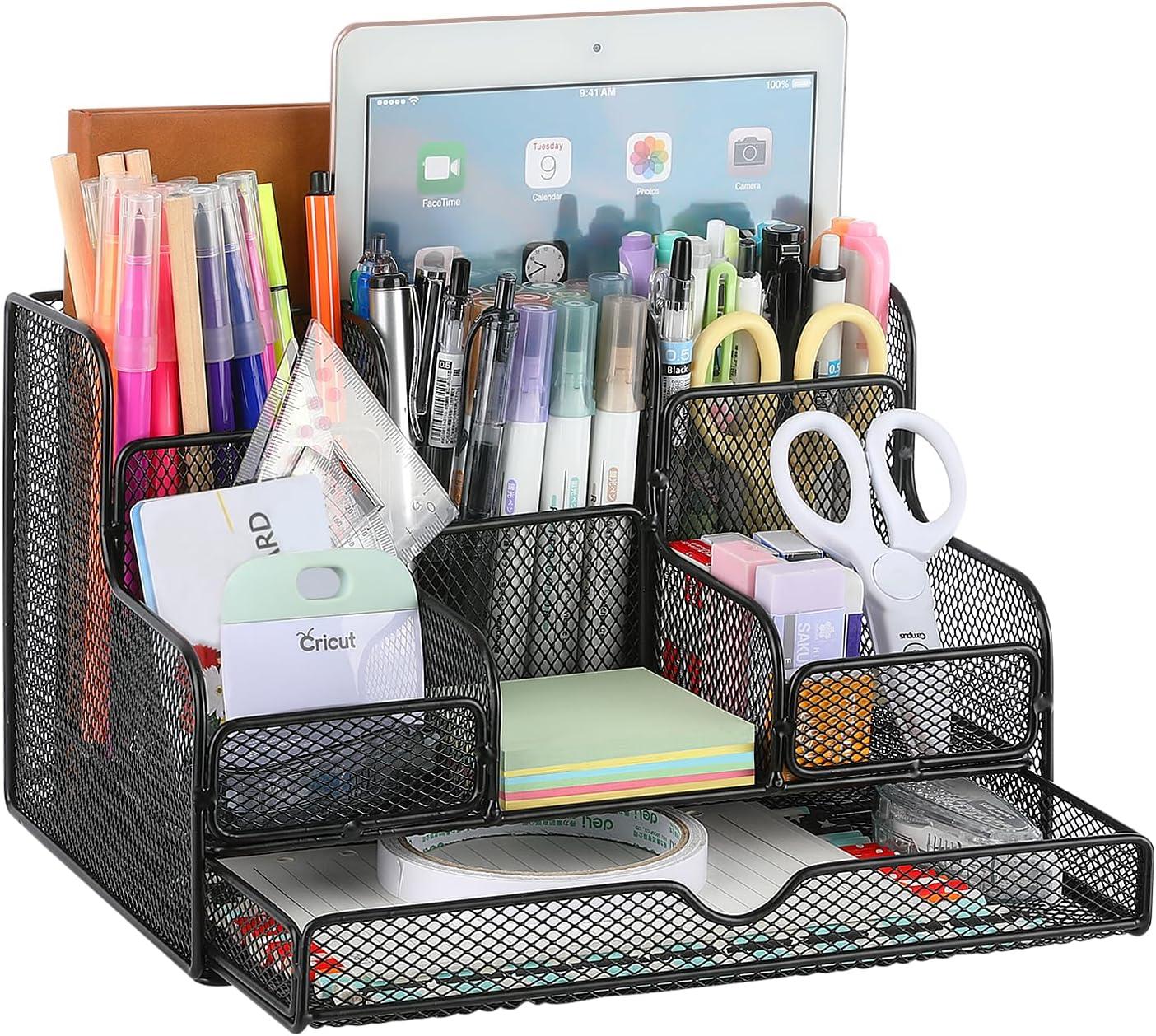 housolution desk organizer with drawer metal stationery pencil holder for office school home classified