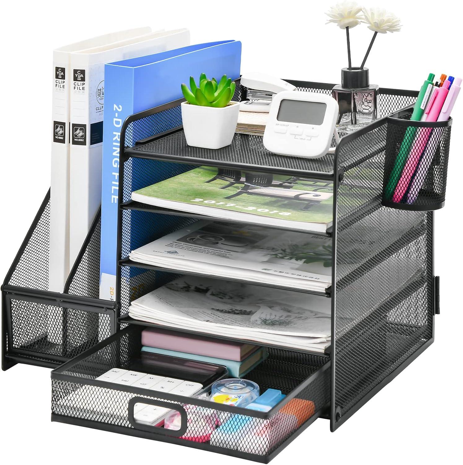 marbrasse 5-tier desk organizer with file holder mesh desktop file organization with drawer and 2 pen holder 
