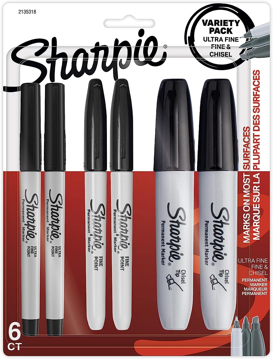sharpie permanent markers variety pack featuring fine ultra-fine and chisel-point markers black 6 count 