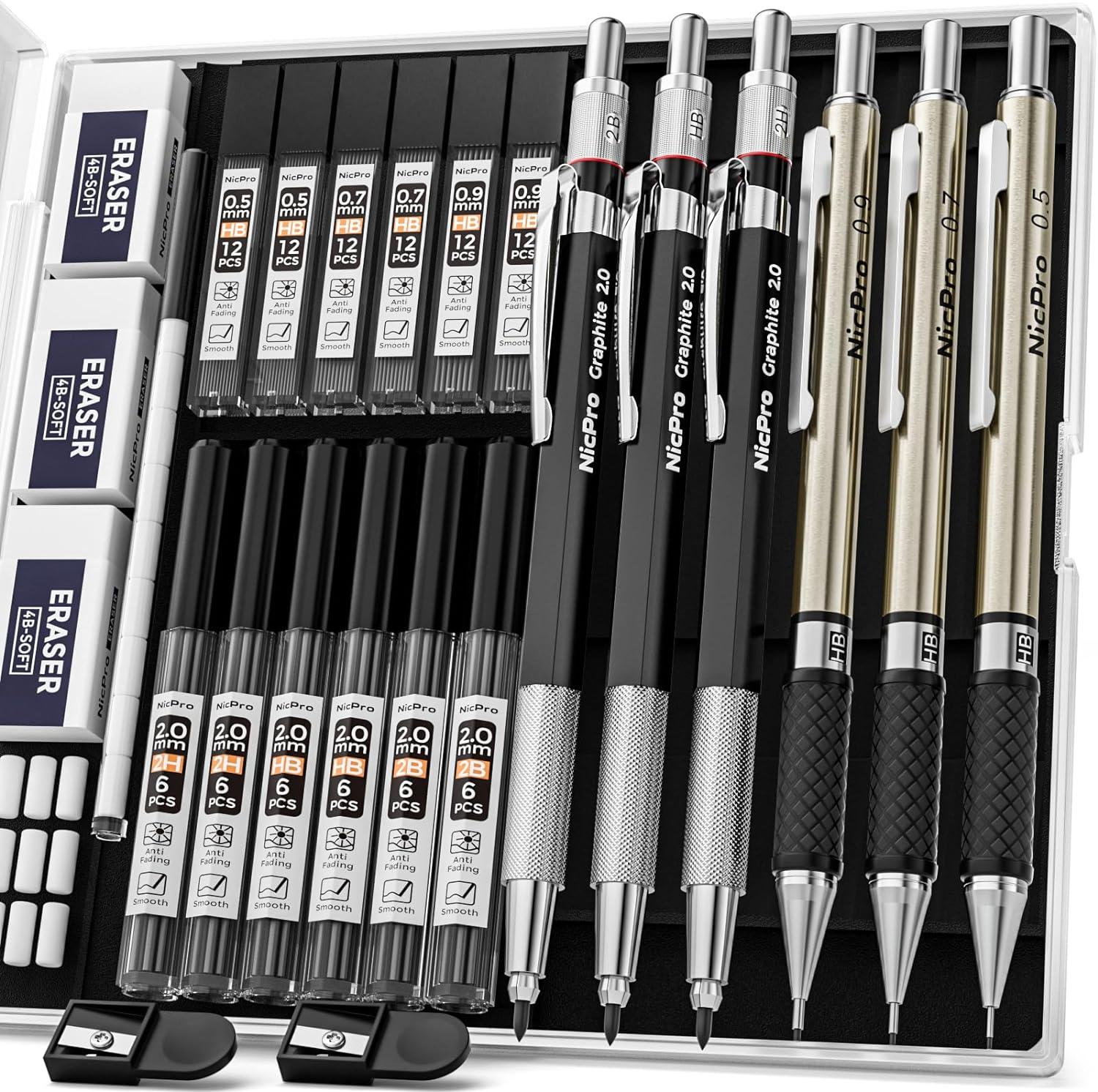 nicpro 6pcs art mechanical pencils set 3 pcs metal drafting pencil 0 5 mm and 0 7 mm and 0 9 mm and 3 pcs 2mm