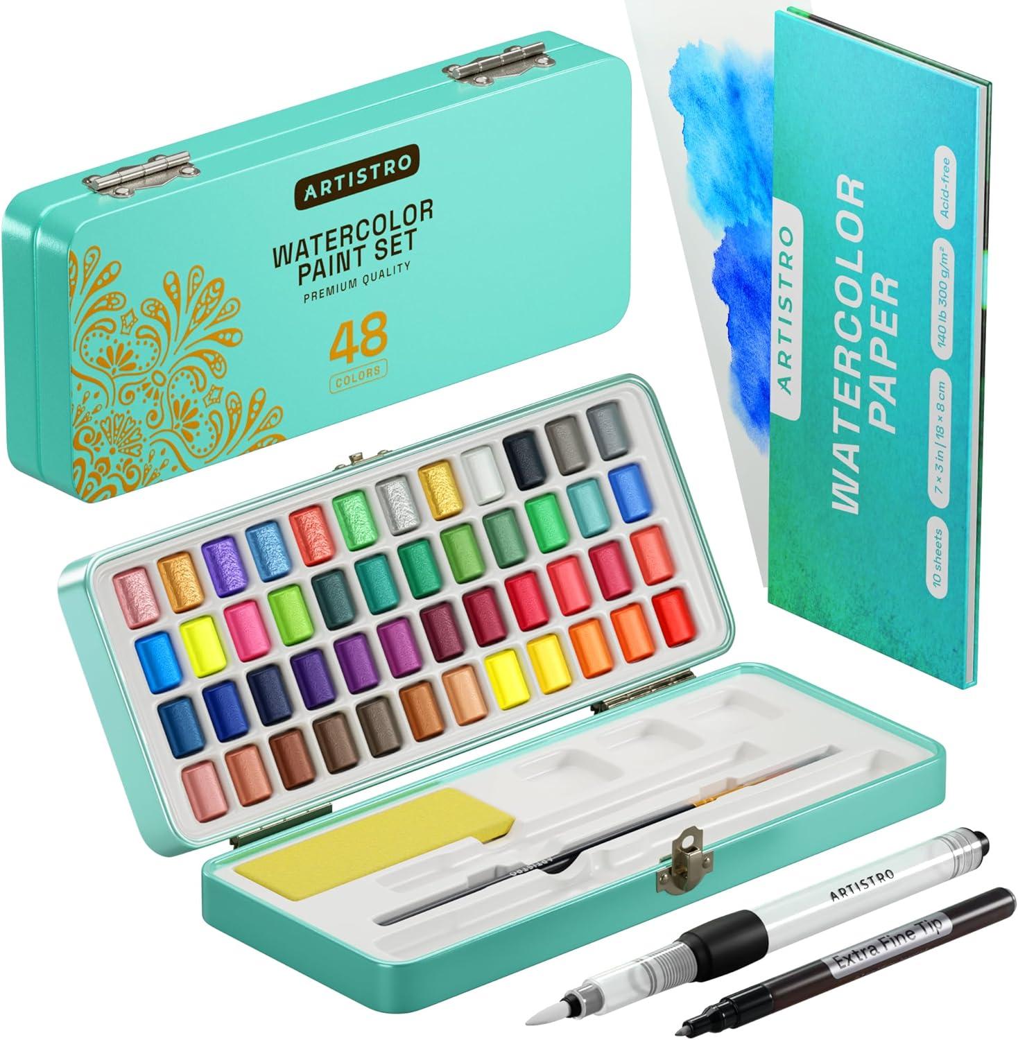 artistro watercolor paint set 48 vivid colors in portable box including metallic and fluorescent colors