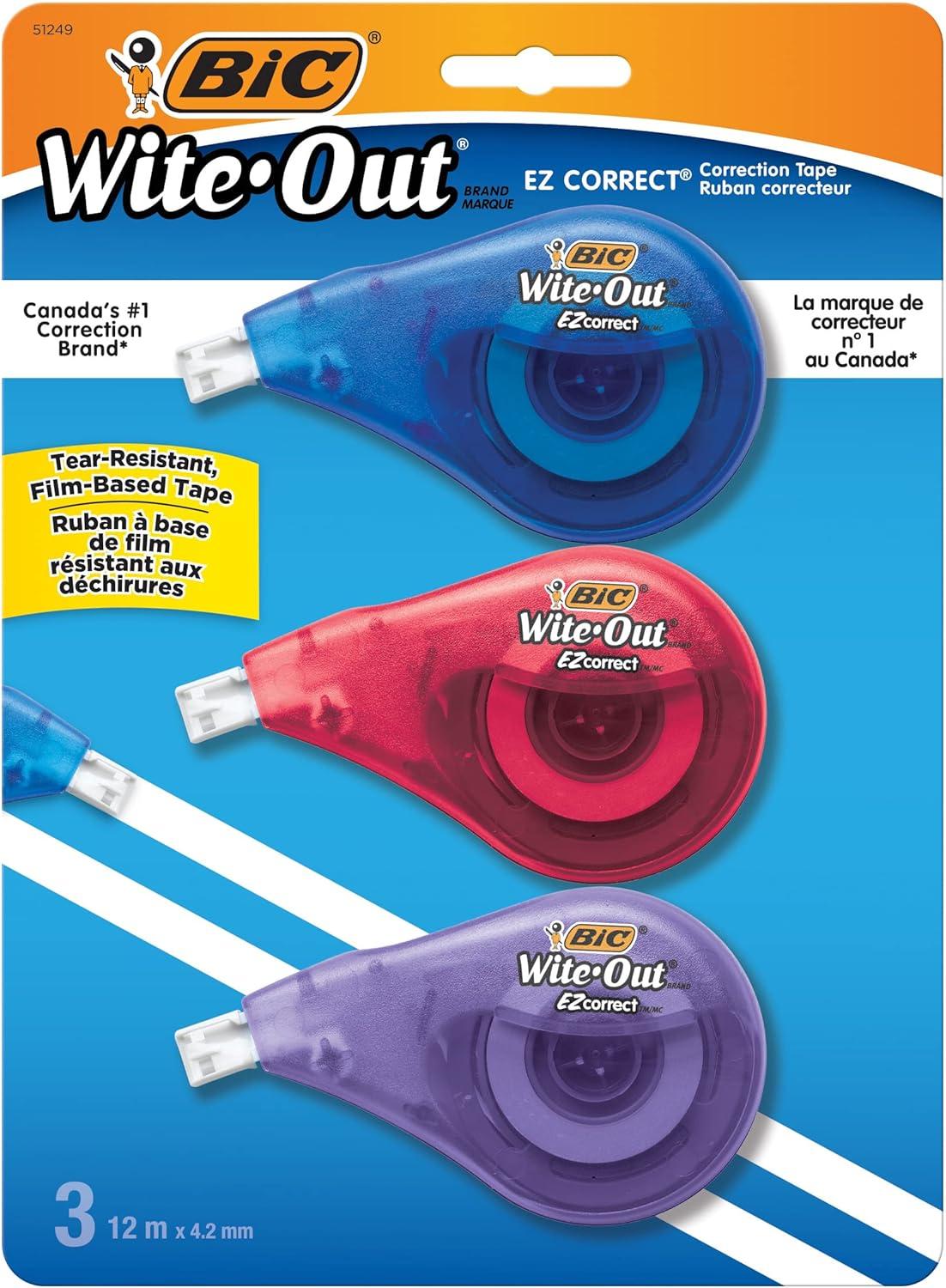 bic wite-out brand ez correct correction tape white fast clean and easy to use tear-resistant tape 3-count 