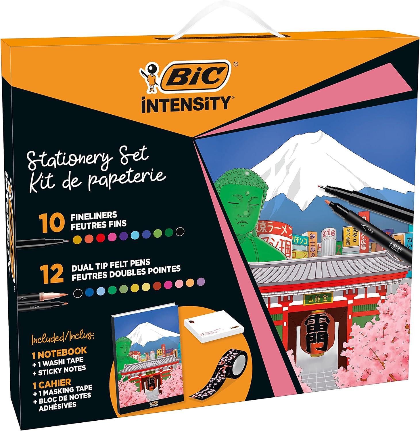 bic intensity japan stationery kit with fineliners dual-tip felt pens washi tape sticky notes notebook set of