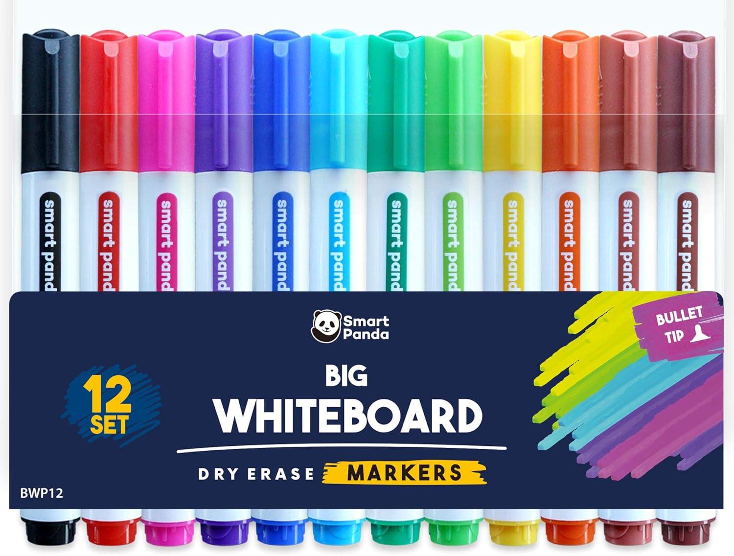 smart panda 12 big whiteboard pens – bullet tip whiteboard markers – dry erase markers perfect for home