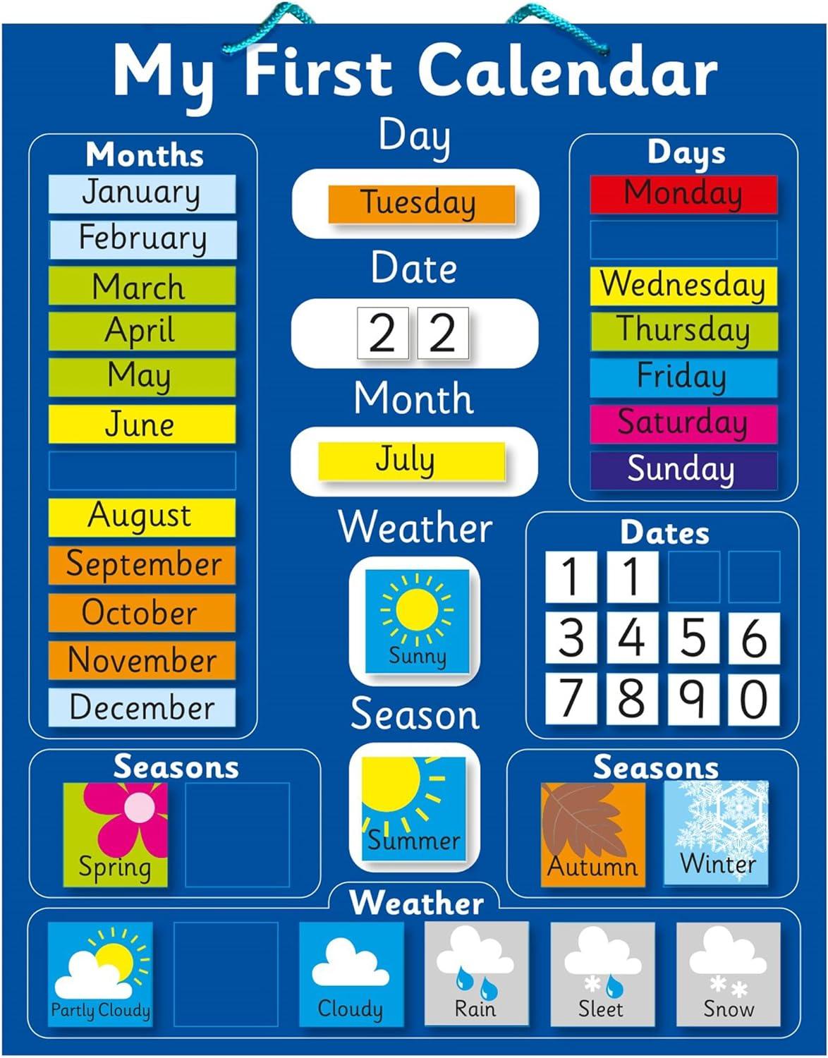 my first magnetic calendar - blue - educational learning tool for children - 40x32cm rigid board with hanging