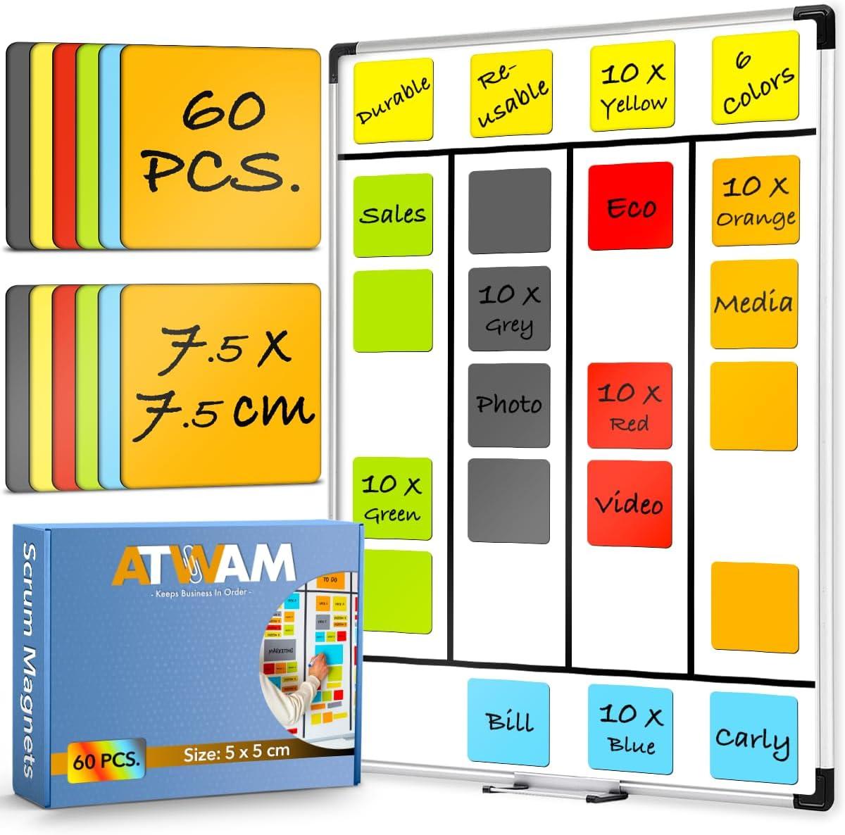 atwam - scrum whiteboard magnets - pack of 60 - magnetic memo sheets - kanban - 7 5 x 7 5 cm - 6 colours 