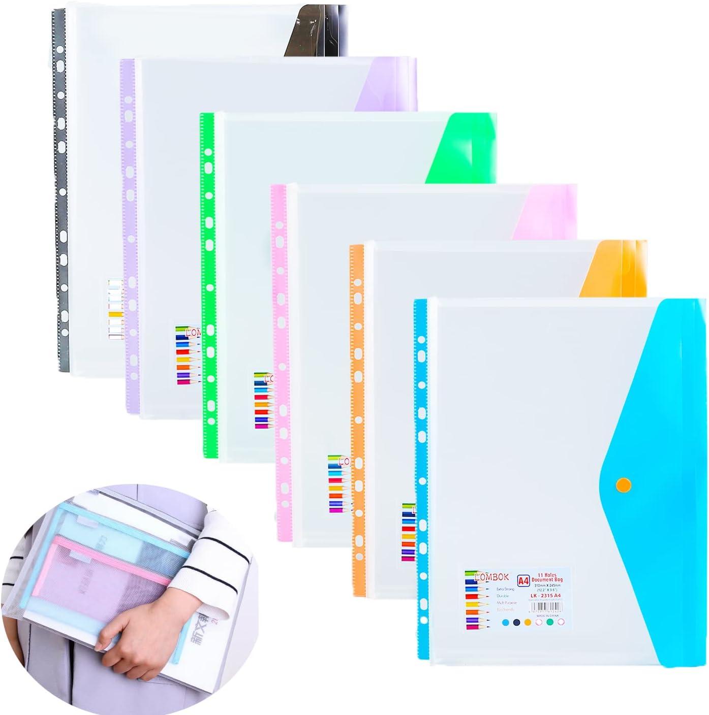 6pcs plastic envelopes binder pocket 11 holes expandable binder folders for 2/3/4 ring document pouch 