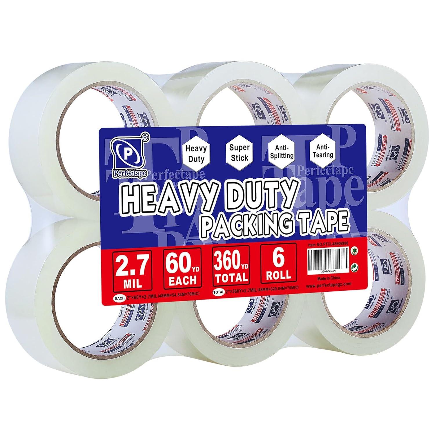 perfectape heavy duty packing tape 6 rolls total 360y clear 2 7 mil 1 88 inch x 60 yards ultra strong refill