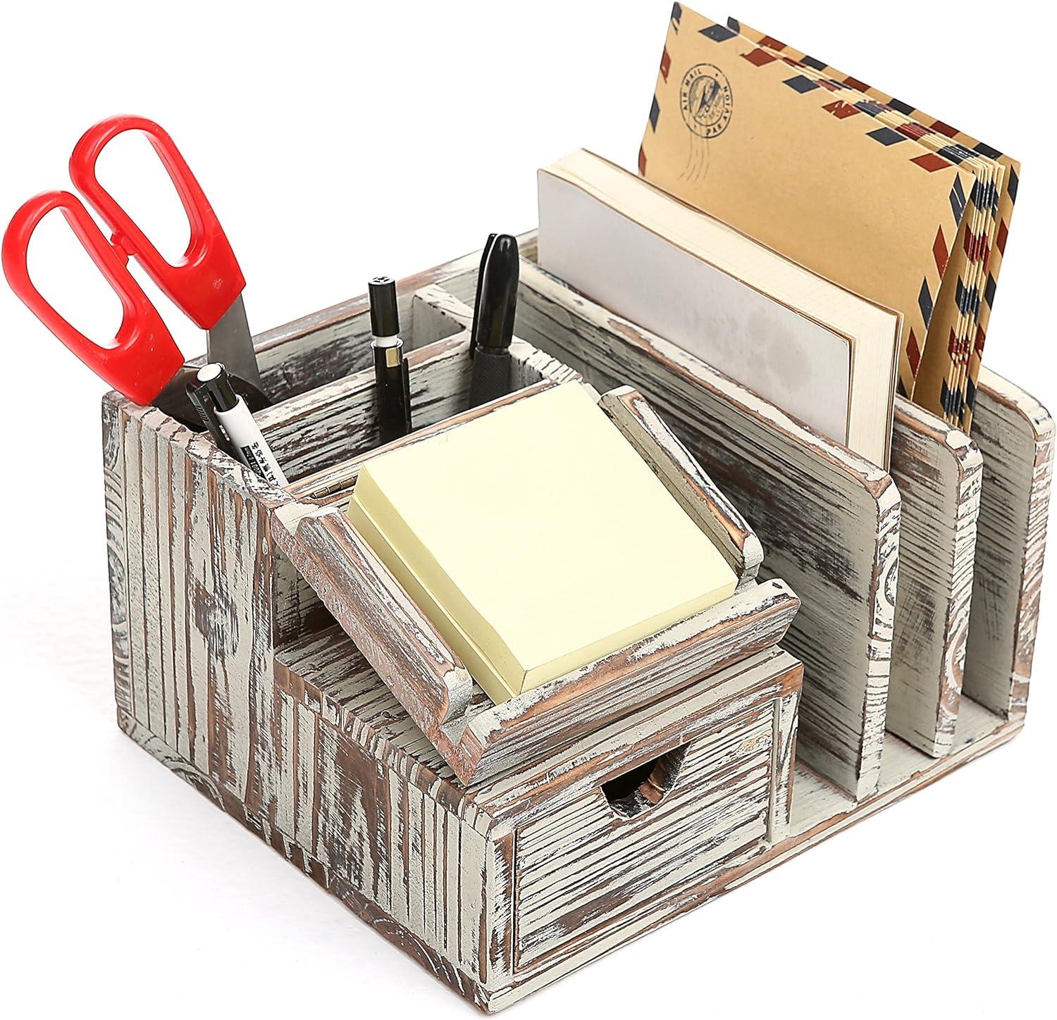 mygift torched wood desktop office organizer w/sticky note pad holder mail sorter and pullout drawer  mygift