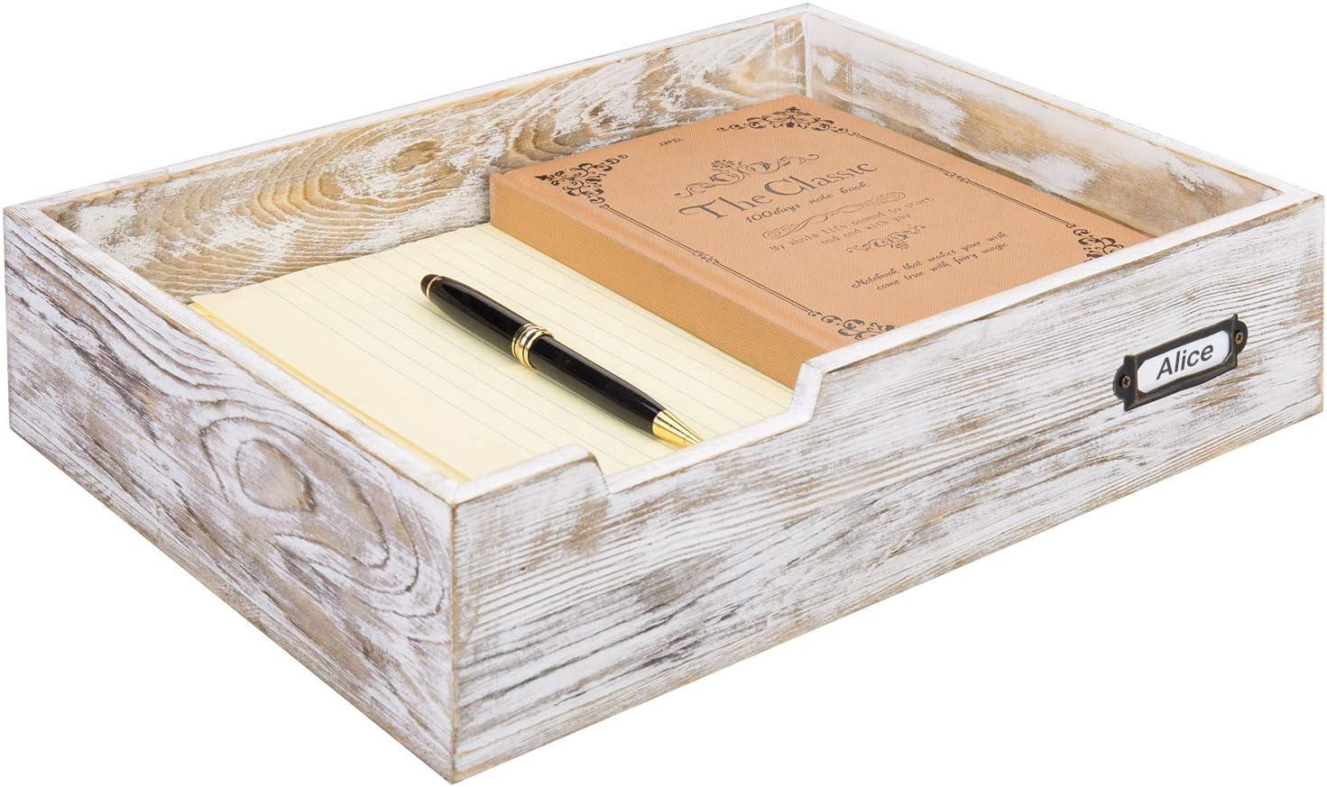 mygift shabby whitewashed wood paper tray desktop document file folder mail holder organizer box with metal