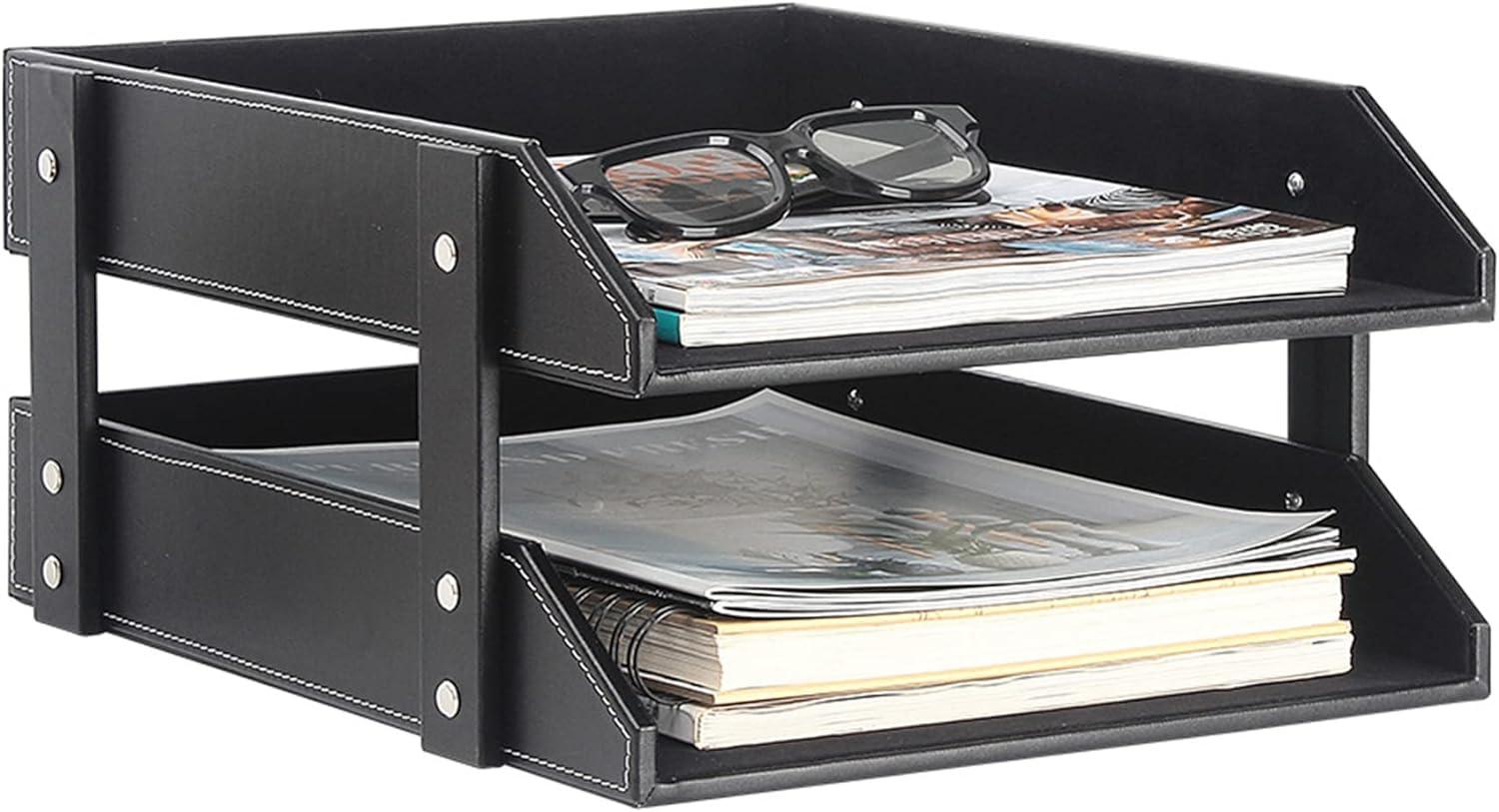 edirftra 2 tier leather document tray holder paper organizer tray a4 file folder rack paper document magazine